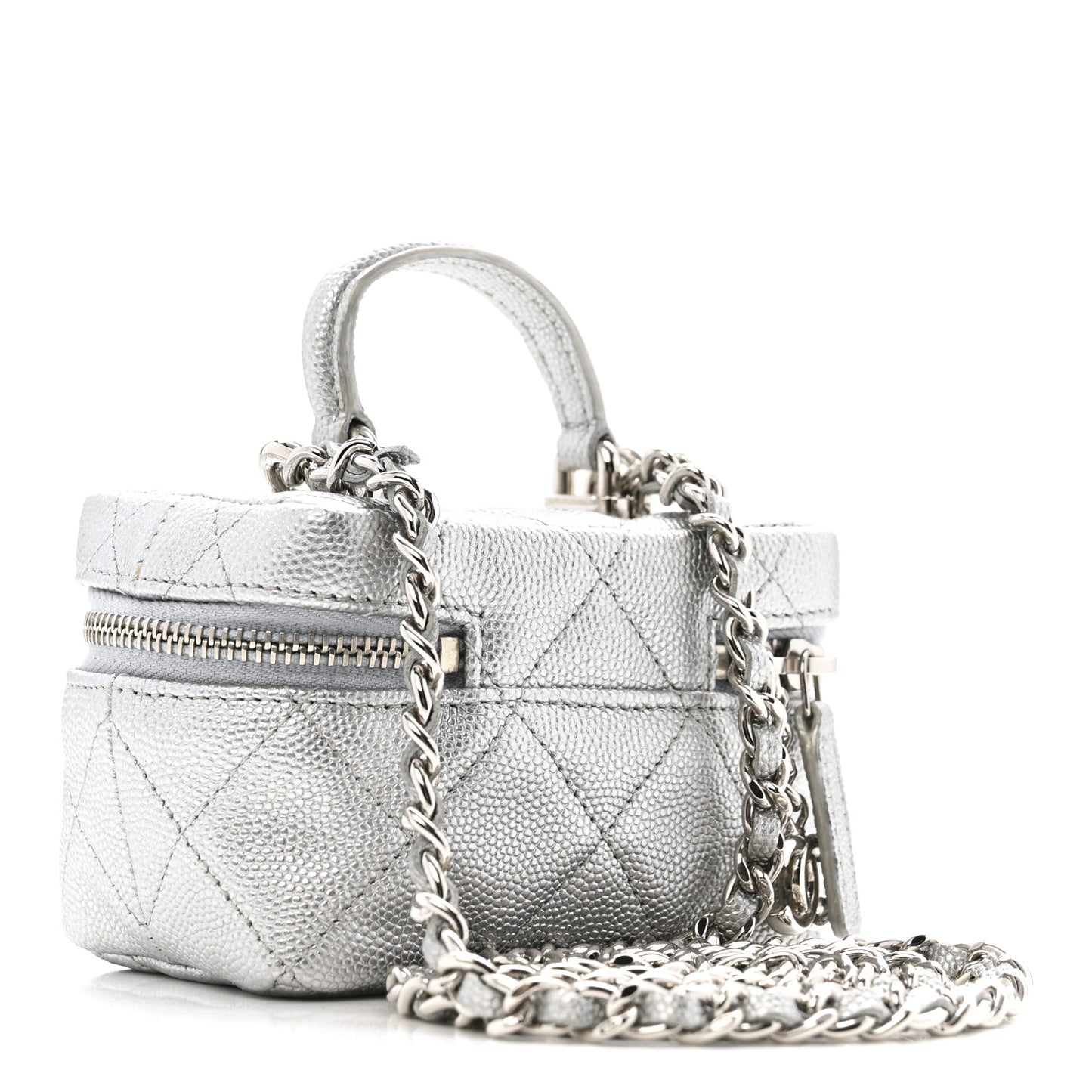Metallic Caviar Quilted Mini Top Handle Vanity With Chain Silver