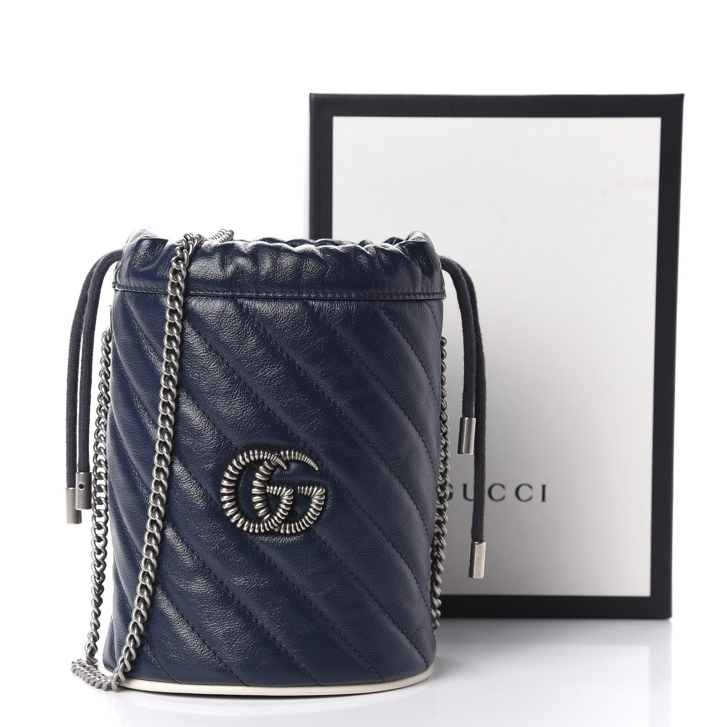 Gucci Vintage Effect Calfskin Matelasse Diagonal Mini Torchon GG Marmont 2.0 Bucket Bag Blue Agata Mystic White 11 of 11