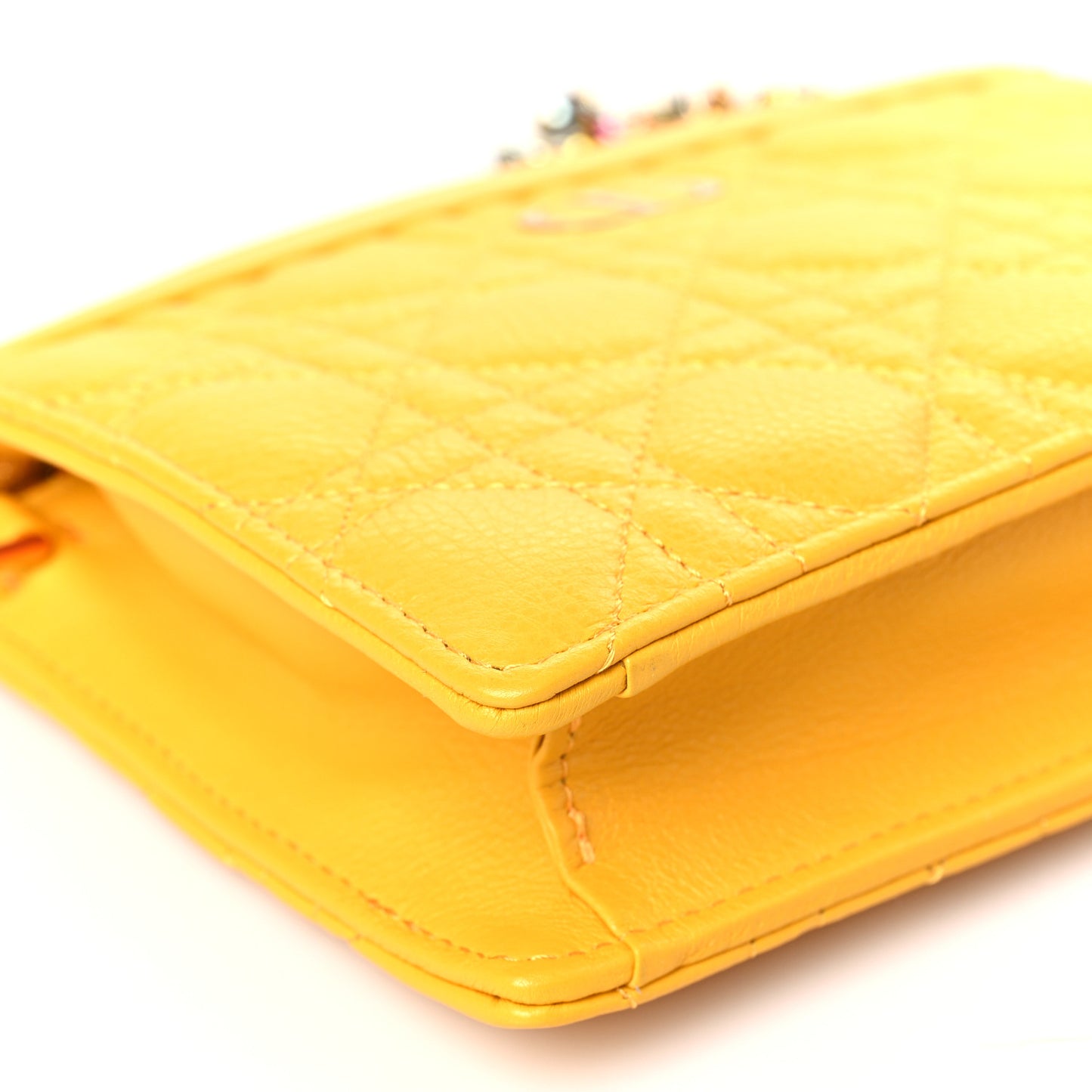 Calfskin Cannage Caro Zipped Pouch With Chain Sunny Yellow