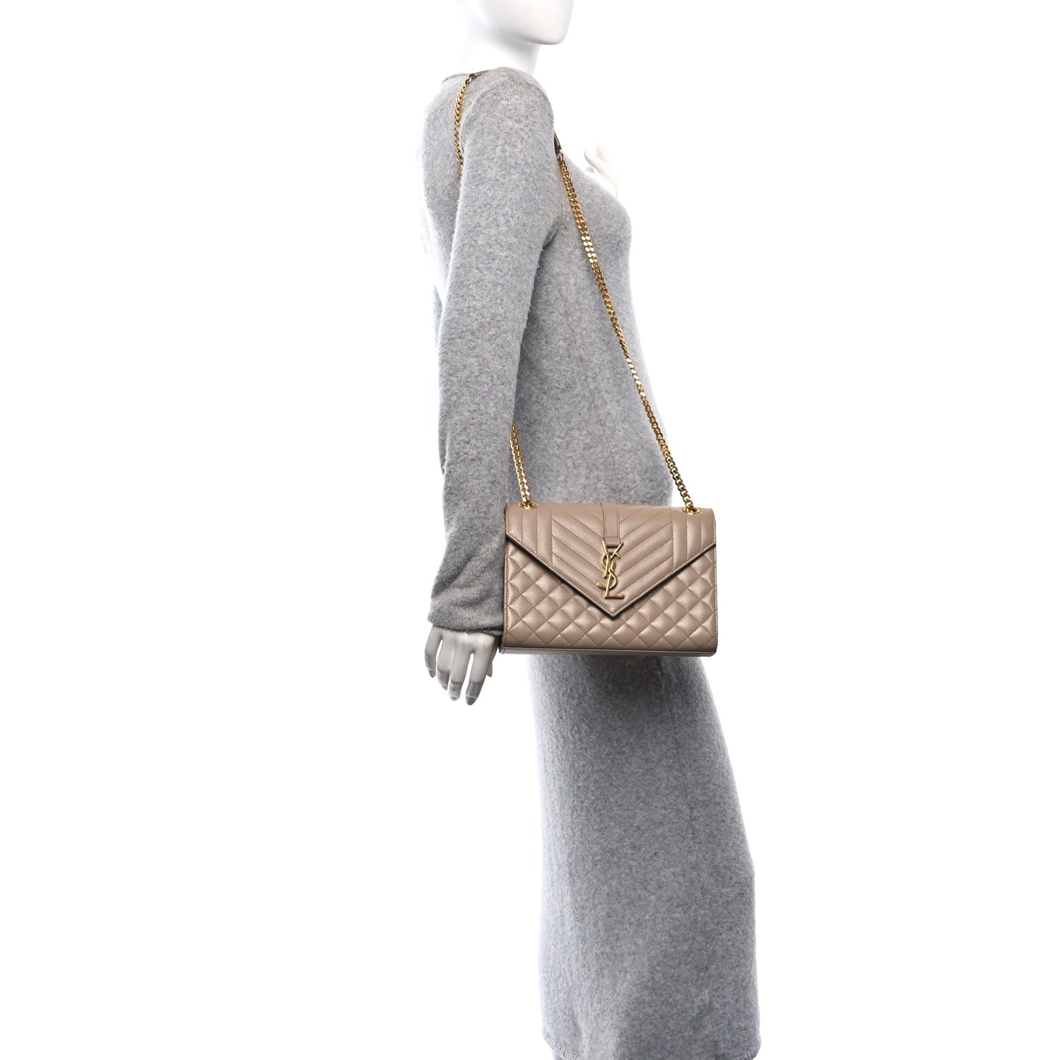 Saint Laurent Grain De Poudre Textured Mixed Matelasse Medium Triquilt Monogram Satchel Dark Beige 3 of 14