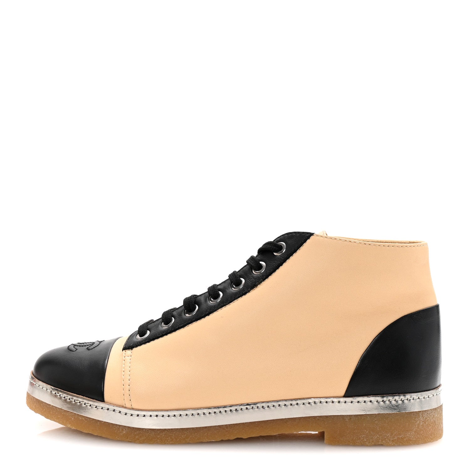 Chanel Lambskin CC Lace Up Short Boots 40 Beige Black 1 of 9