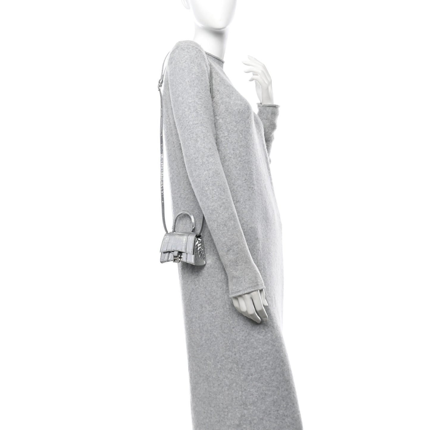 Metallic Calfskin Crocodile Embossed Hourglass Top Handle Bag Mini Silver