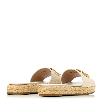 Valentino Garavani Grainy Cowhide Vlogo Espadrille 5mm Flat Slide Sandals 35 Light Ivory 3 of 4