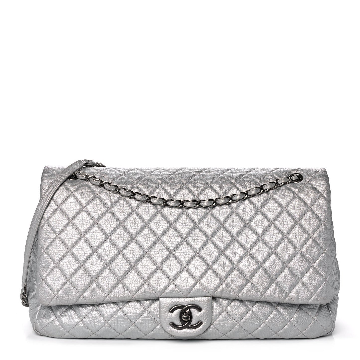 Metallic Calfskin Quilted XXL Travel Flap Bag Silver