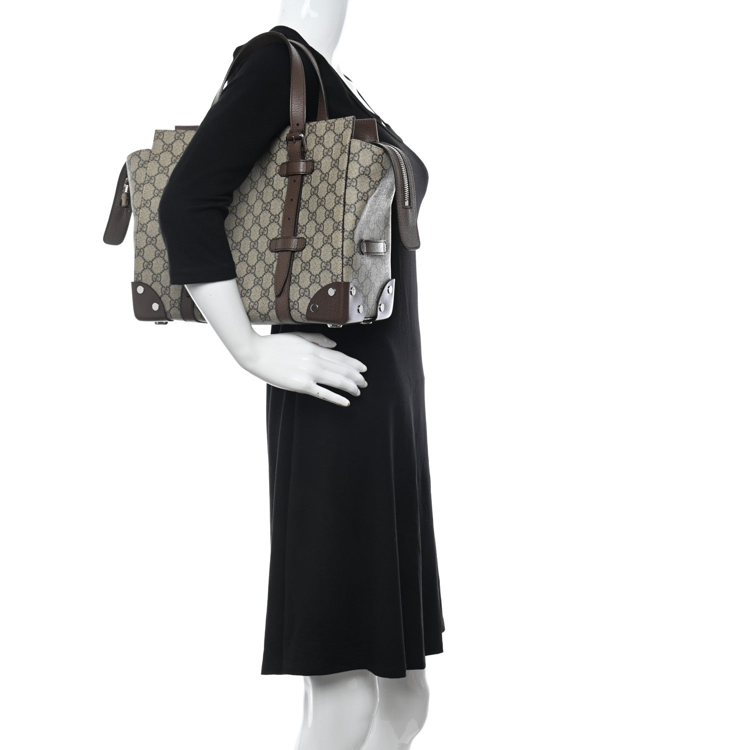 Gucci GG Supreme Monogram Textured Dollar Calfskin Small Detail Tote Beige Ebony New Acero 2 of 16
