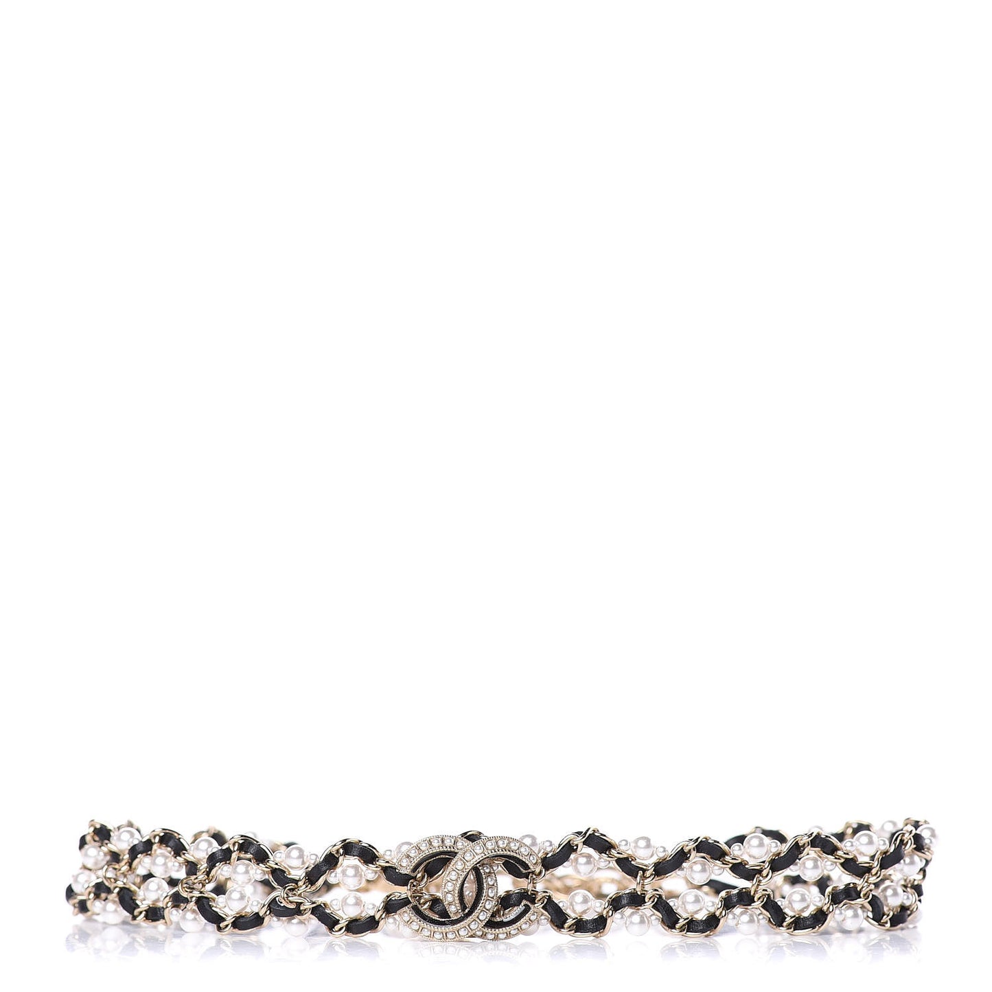 Pearl Lambskin CC Chain Twist Choker Necklace Black Gold