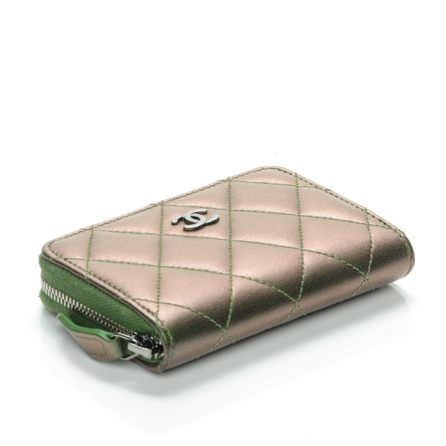 Chanel Metallic Lambskin Quilted Zip Around Coin Purse Wallet Green 4 of 7