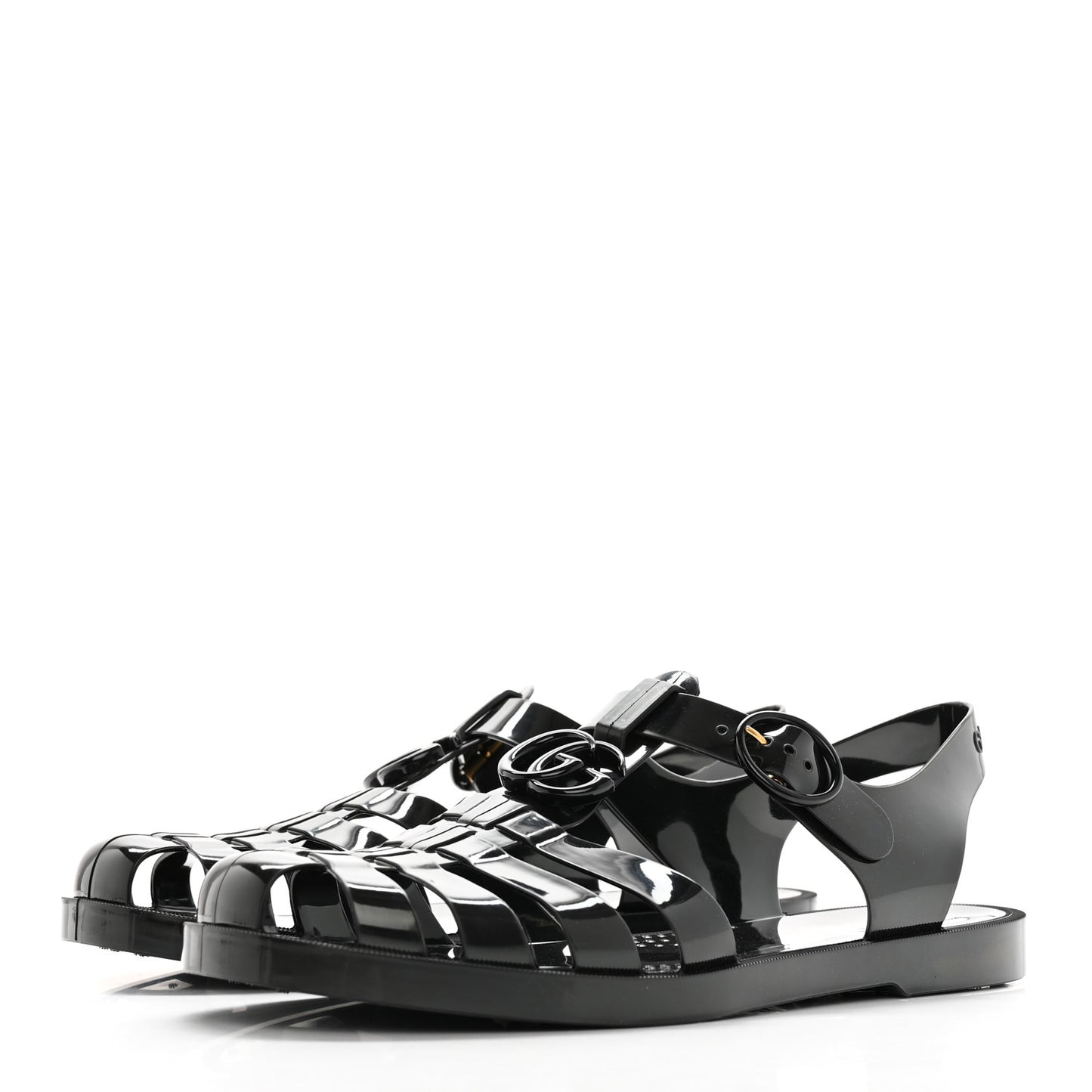 Shiny Rubber Double G Buckle Strap Sandals 10 Black