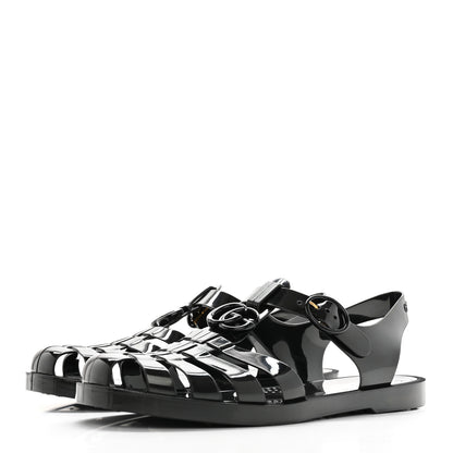 Gucci Shiny Rubber Double G Buckle Strap Sandals 10 Black 3 of 14