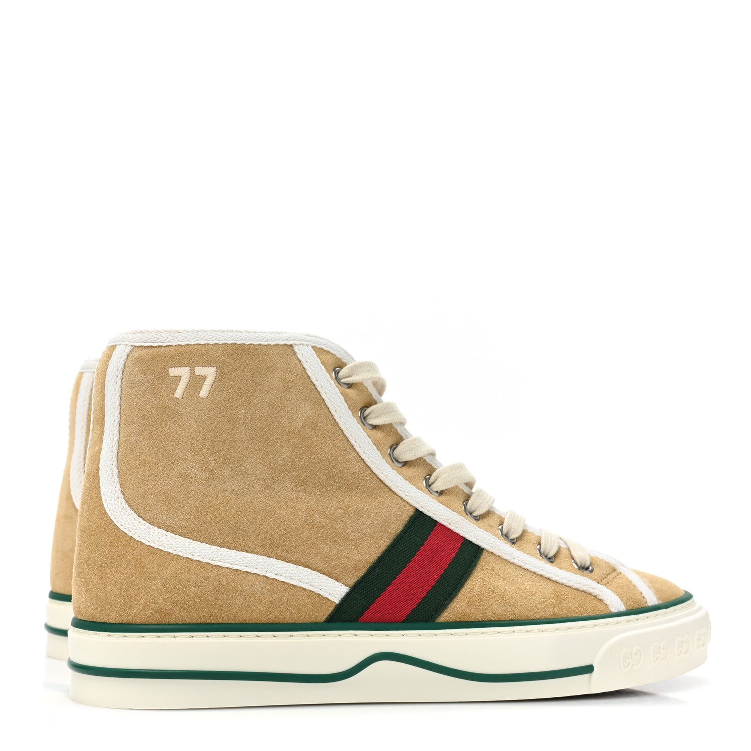 Gucci Suede Shearling Web GG Monogram Embossed Womens 1977 Tennis High Top Sneakers 38.5 Butterscotch Mystic White 4 of 8