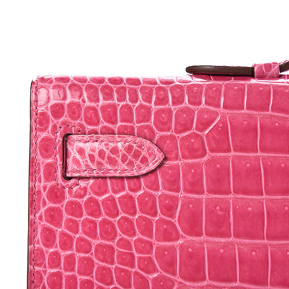 Hermes Shiny Porosus Crocodile 18K White Gold Diamond Kelly Cut Pochette Rose Tyrien 12 of 27