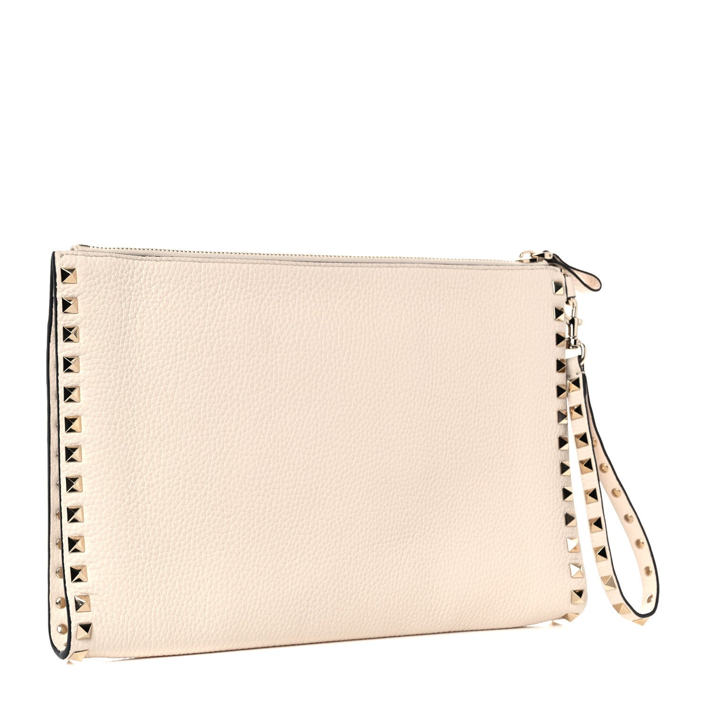Pebbled Calfskin Rockstud Zip Pouch Ivory