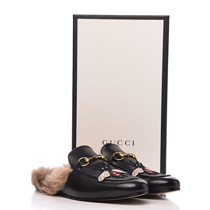 Gucci Calfskin Fur Bee Embroidered Mens Princetown Slippers 8 Black 9 of 9