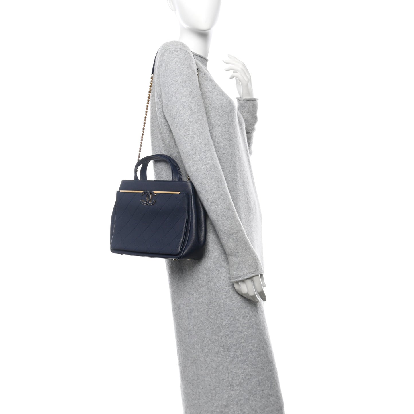Grained Calfskin Stitched Small Lady Coco Top Handle Tote Navy
