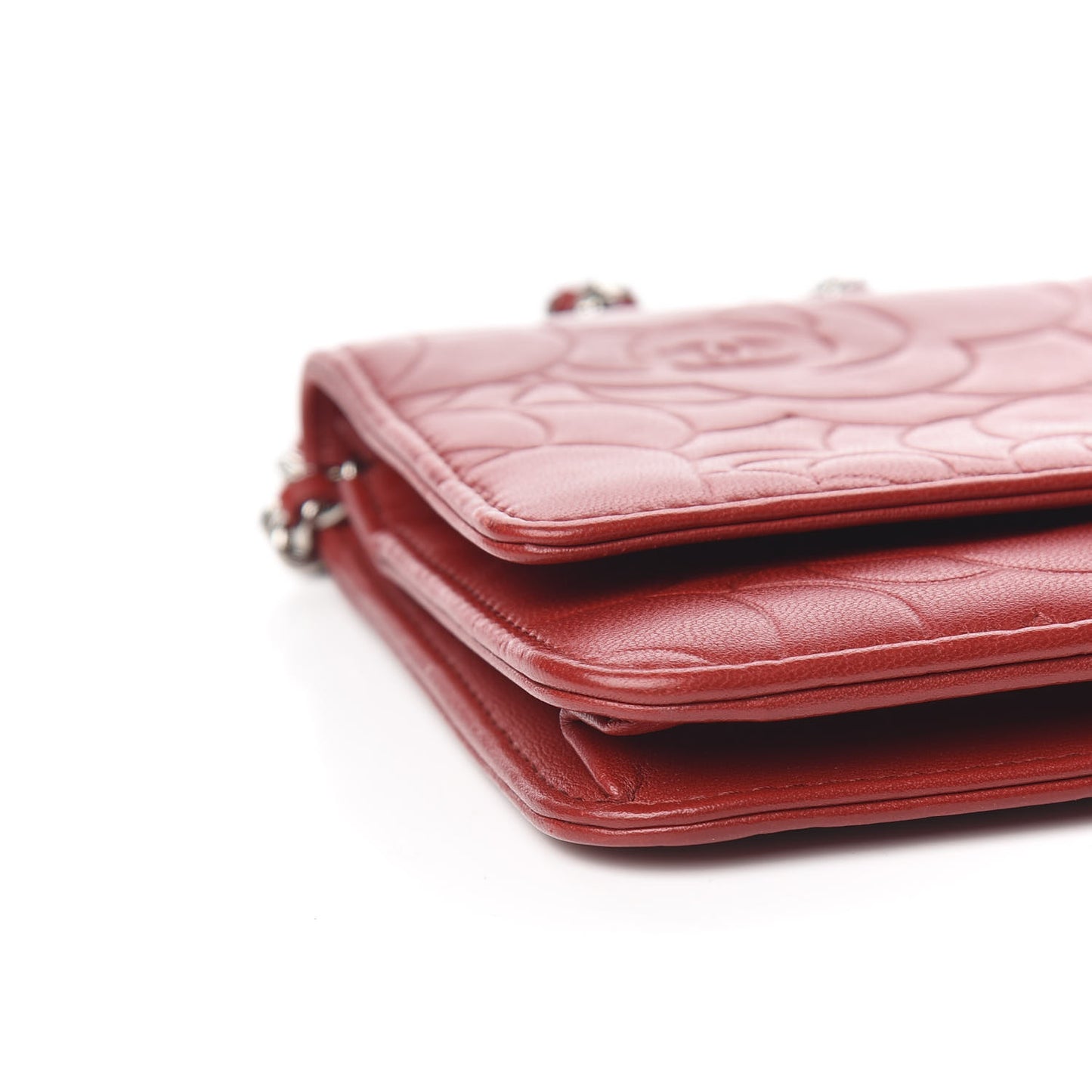 Lambskin Camellia Embossed Wallet On Chain WOC Dark Red