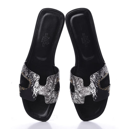 Hermes Silk Printed Equateur Tattoo Oran Sandals 37.5 Black 5 of 9