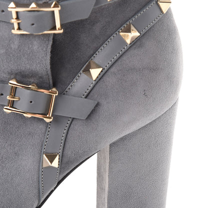 Valentino Garavani Suede Rockstud Double Buckle 100mm Block Heel Ankle Boots 38.5 Light Stone 11 of 14