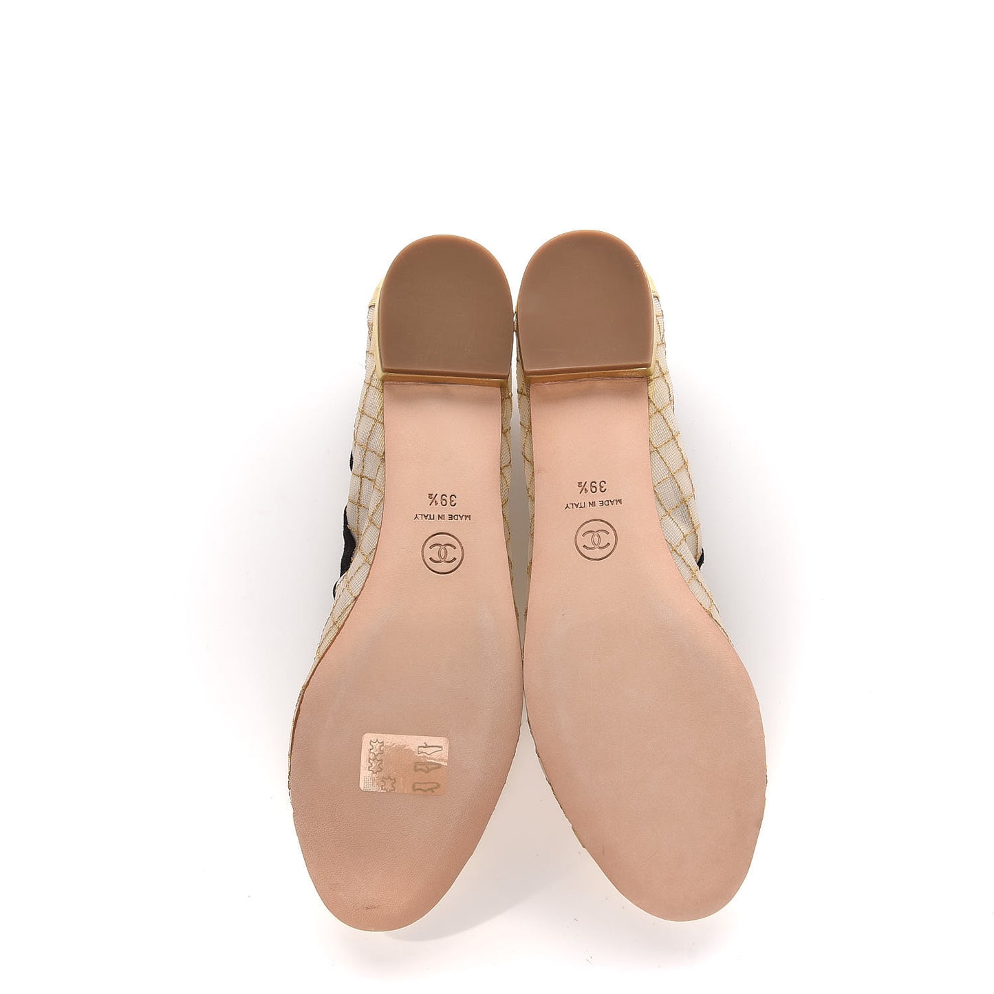 Lambskin Mesh Quilted CC Cap Toe Ballerina Flats 39.5 Light Beige Gold White