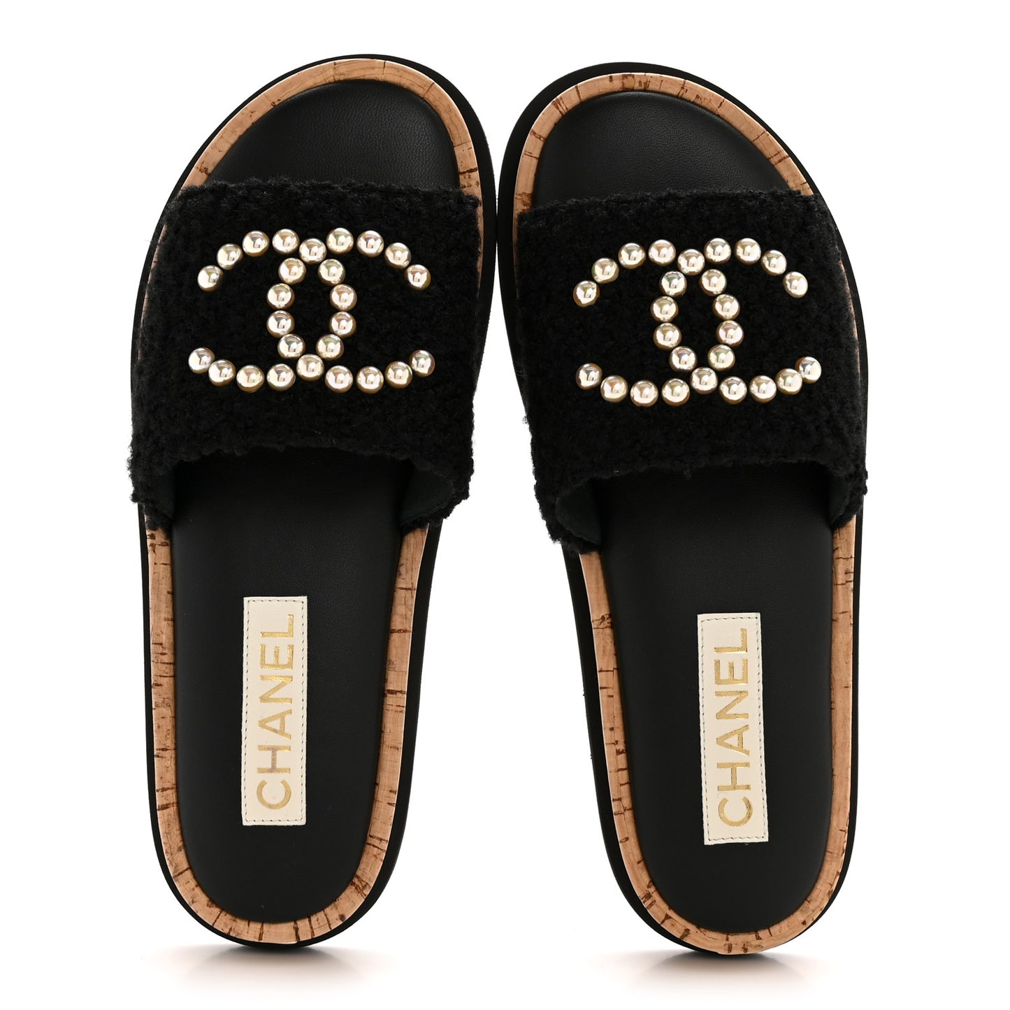 Fabric Pearl Cork CC Slip On Sandals 38 Black