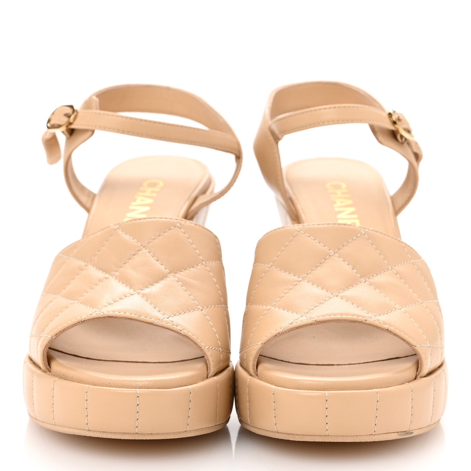 Chanel Lambskin Quilted Peep Toe Wedge Sandals 38 Beige 3 of 9
