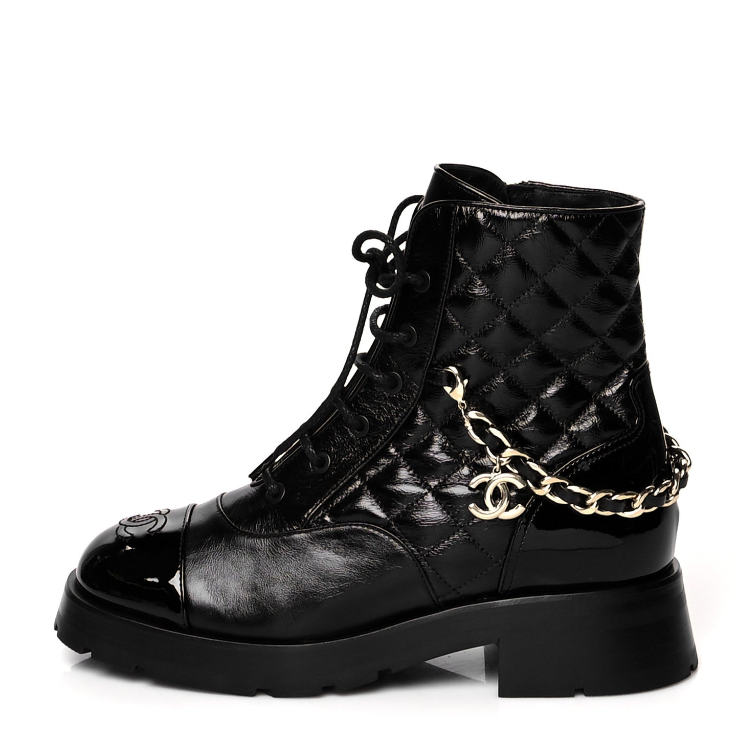 Shiny Calfskin Patent Quilted Chain Lace Up Combat Boots 39 Black