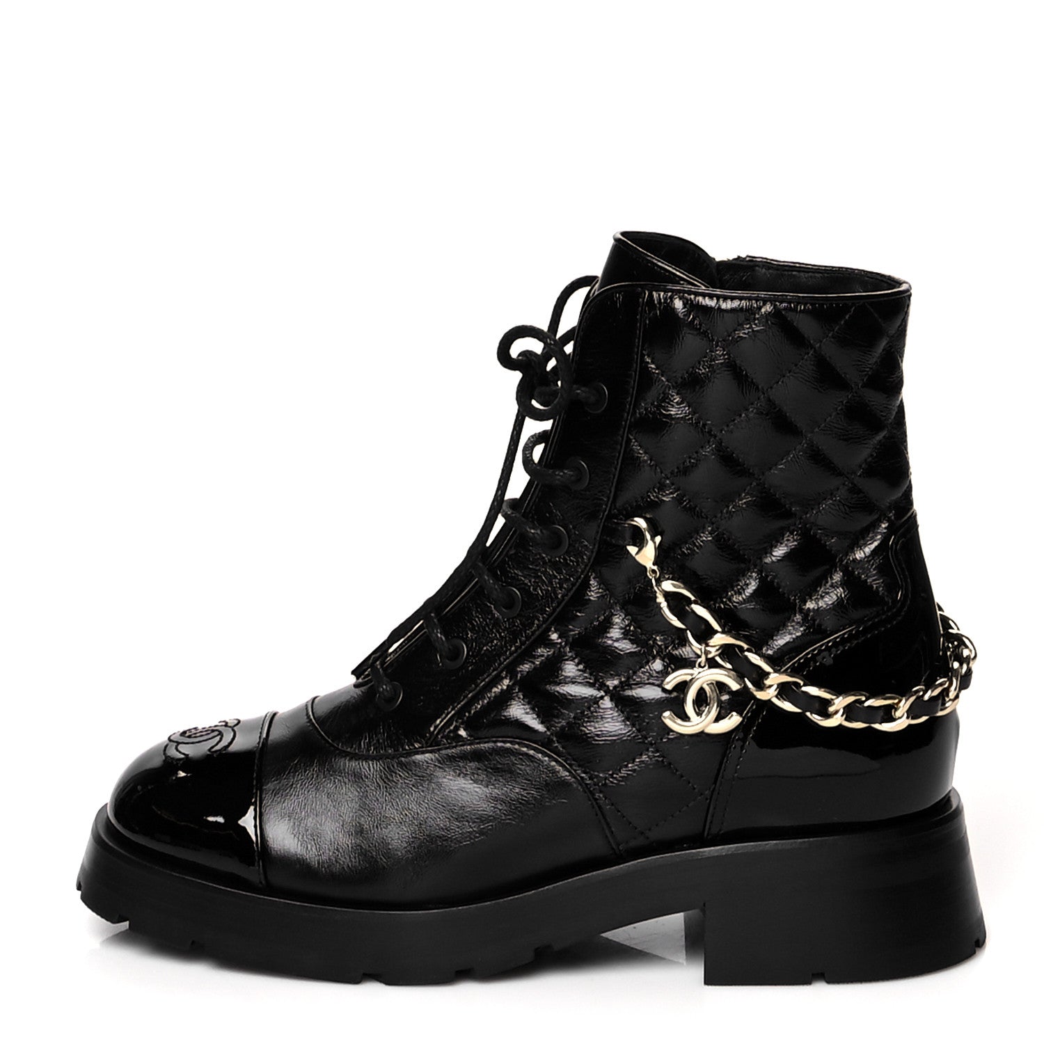 Chanel Shiny Calfskin Patent Quilted Chain Lace Up Combat Boots 39 Black 1 of 7