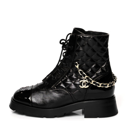Chanel Shiny Calfskin Patent Quilted Chain Lace Up Combat Boots 39 Black 1 of 7