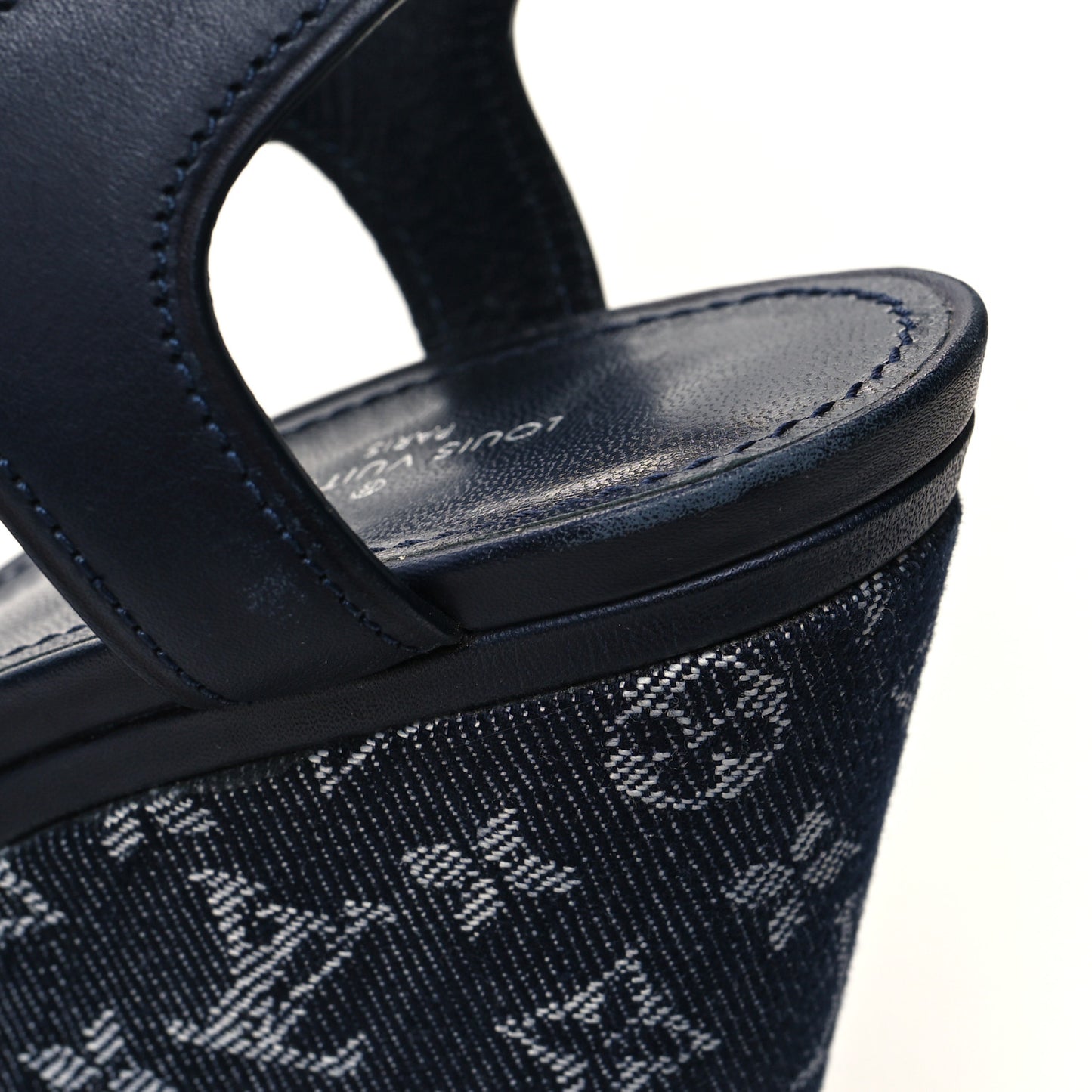 Calfskin Monogram Denim Waterfall Wedge Sandals 38 Blue