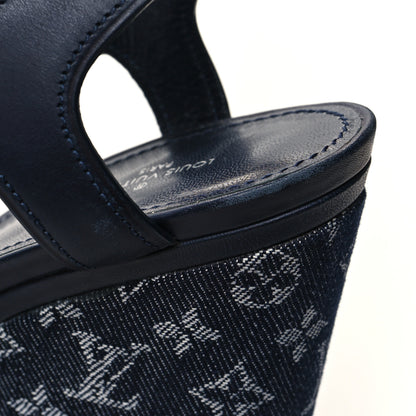 Louis Vuitton Calfskin Monogram Denim Waterfall Wedge Sandals 38 Blue 9 of 10