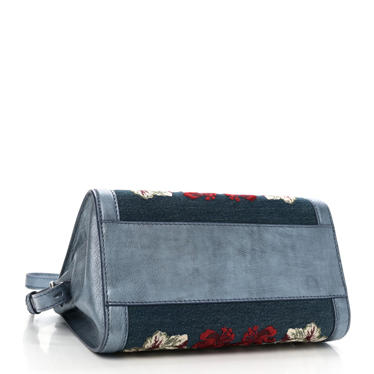 Alexander McQueen Denim Floral Embroidered Small Skull Padlock Zip Around Tote Blue Multicolor 4 of 10