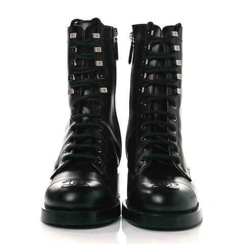 Calfskin Lace Up Combat Boots 36 Black