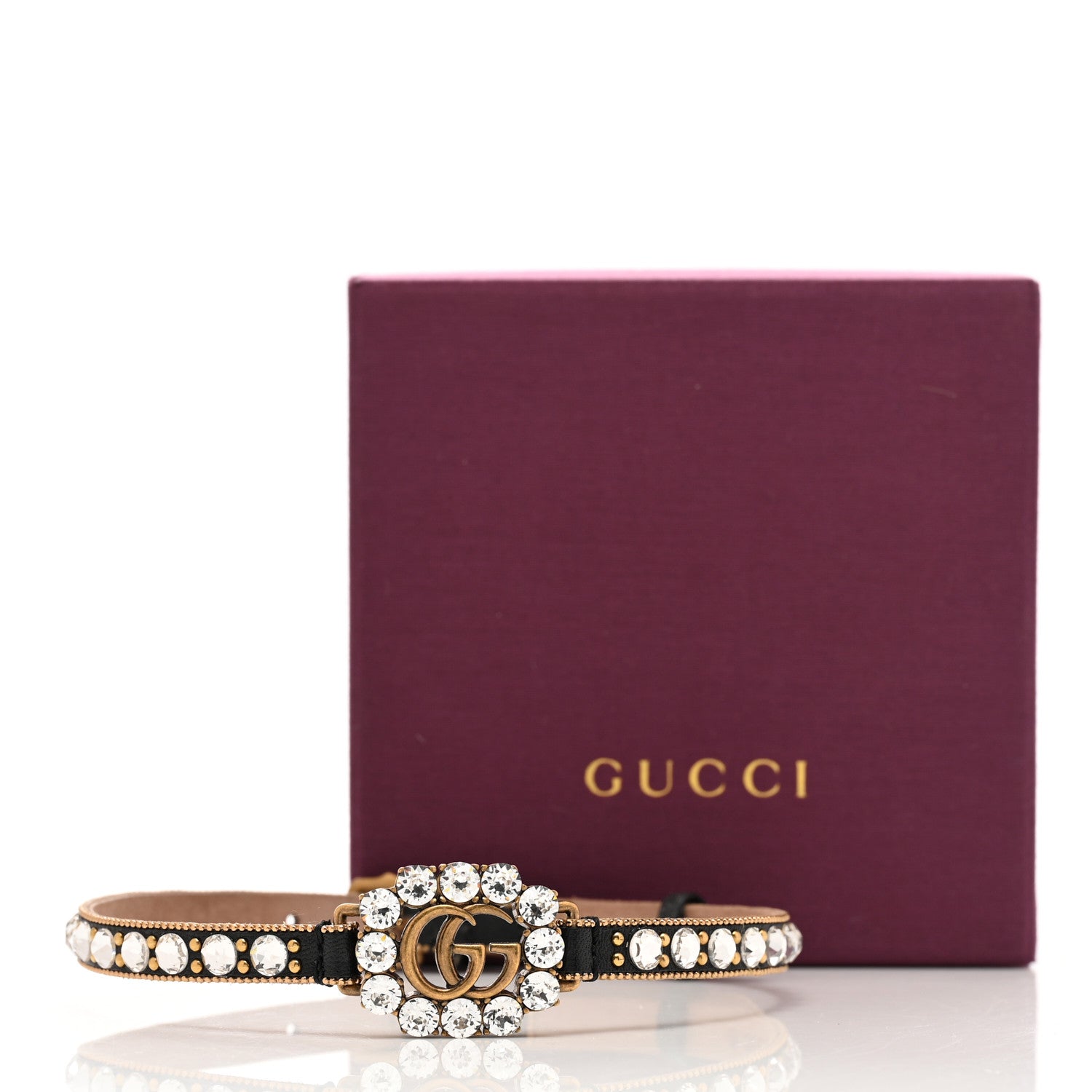 Gucci Calfskin Crystal Embellished Double G Choker Necklace Black 8 of 8