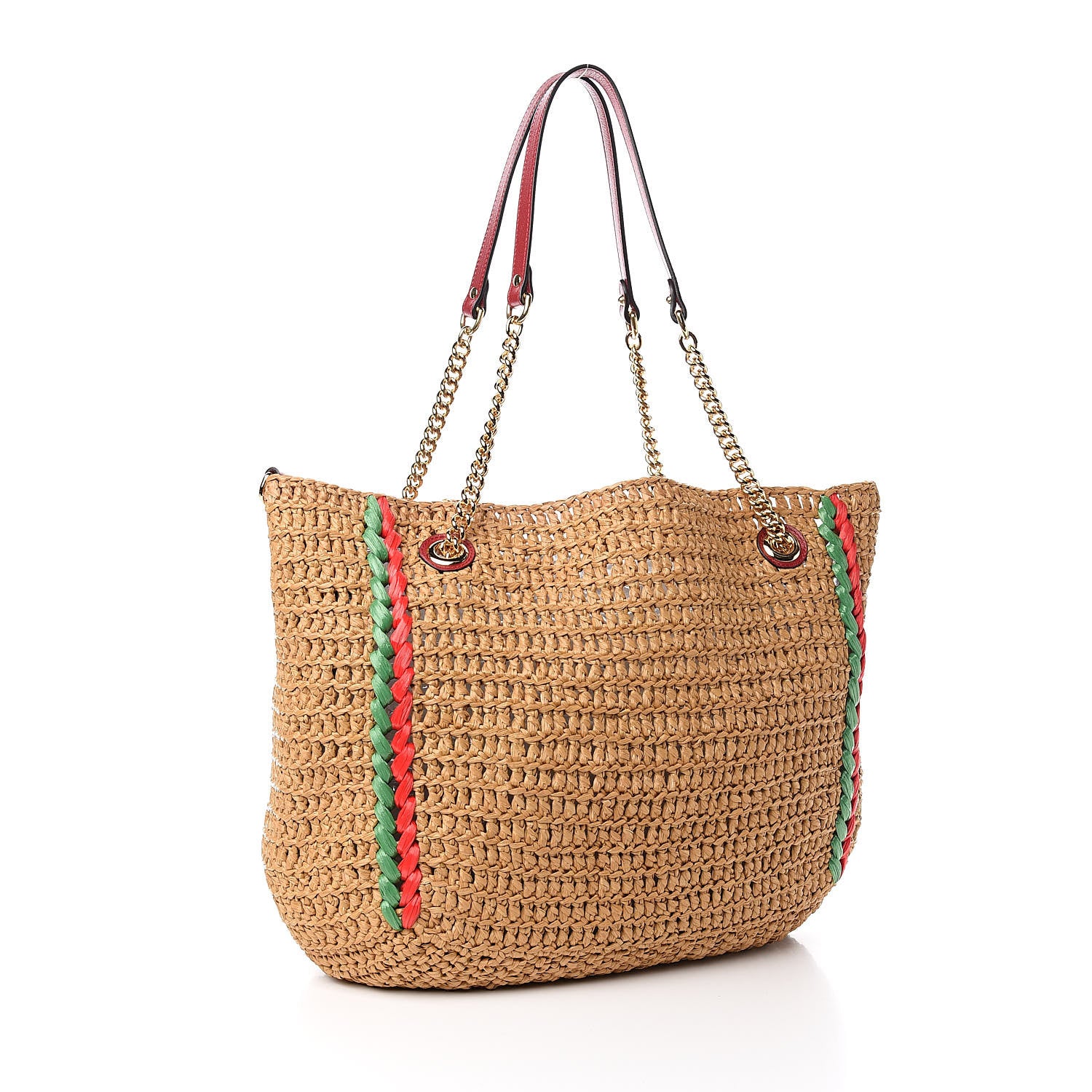 Gucci Raffia Effect Large GG Marmont Shoulder Tote Bag Natural Red Green 3 of 10