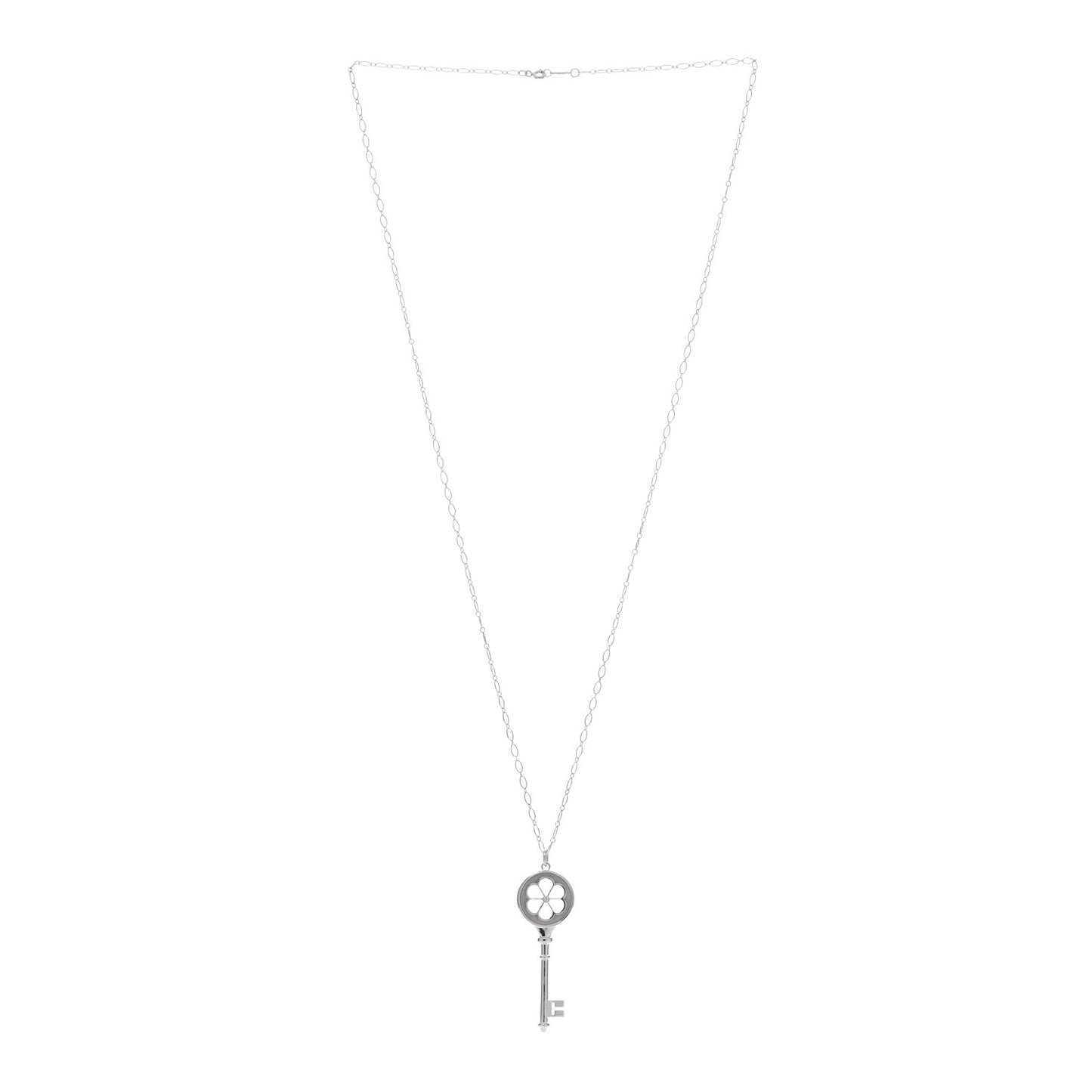 Sterling Silver Diamond Blossom Key Pendant Oval Link Chain Necklace 30"