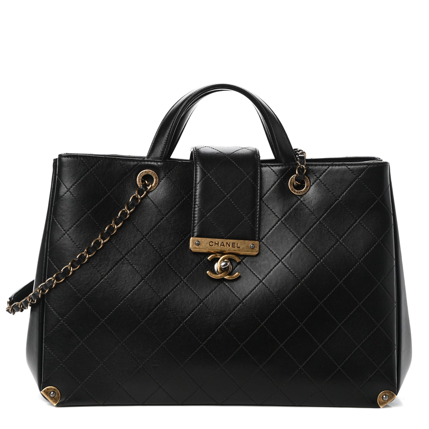 Lambskin Stitched Large Around The Corner Shopping Tote Black