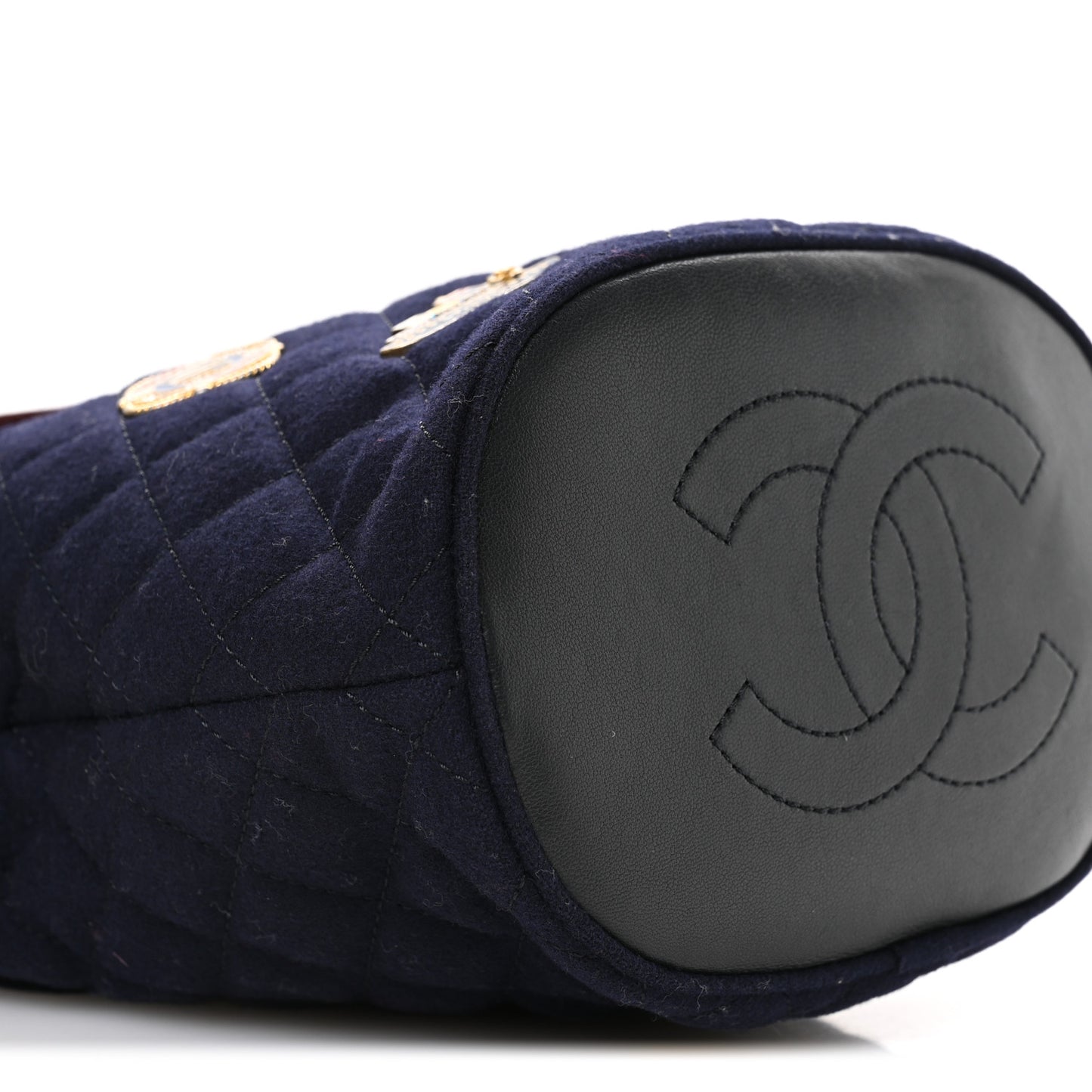 Felt Quilted Paris Hamburg Charms Drawstring Bucket Bag Dark Navy