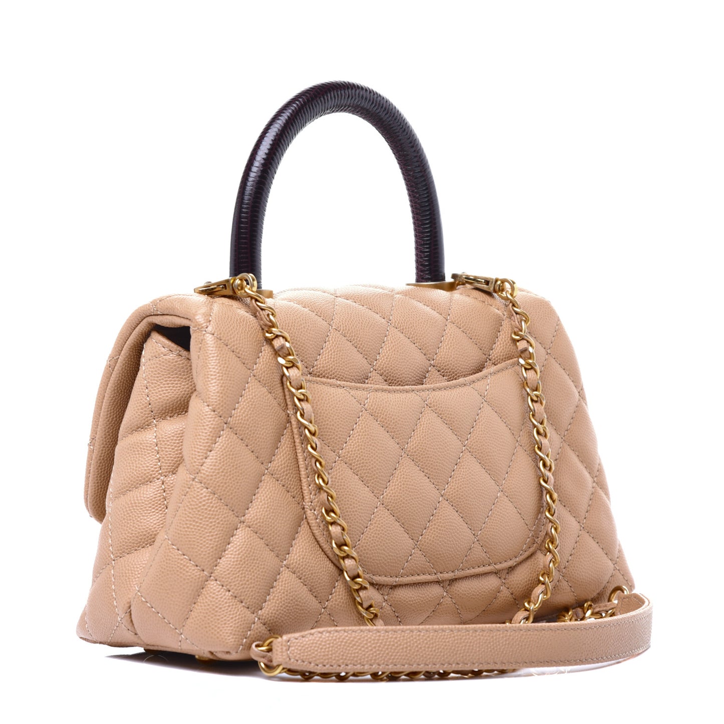Caviar Lizard Embossed Quilted Mini Coco Handle Flap Beige