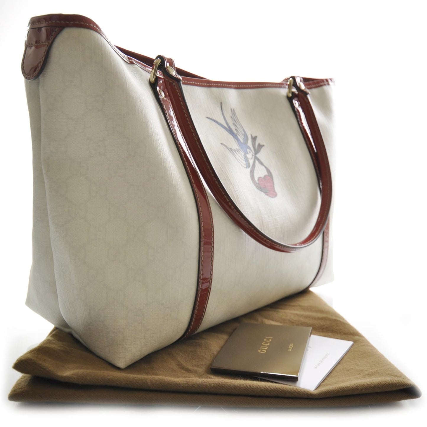 GG Plus Monogram Tattoo Heart Medium Joy Tote Off White Red