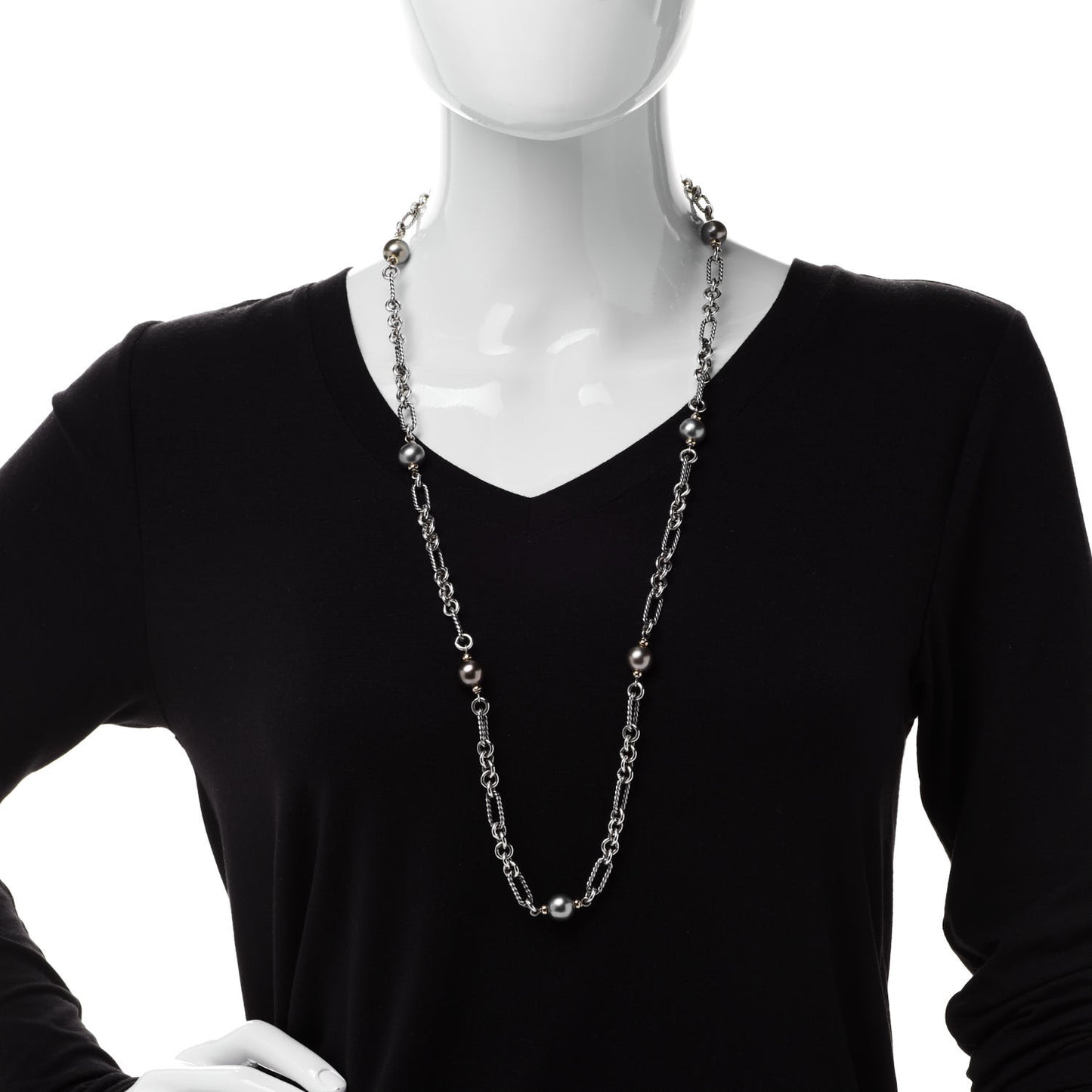 Sterling Silver 18K Yellow Gold Tahitian Pearl Long Figaro Chain Necklace