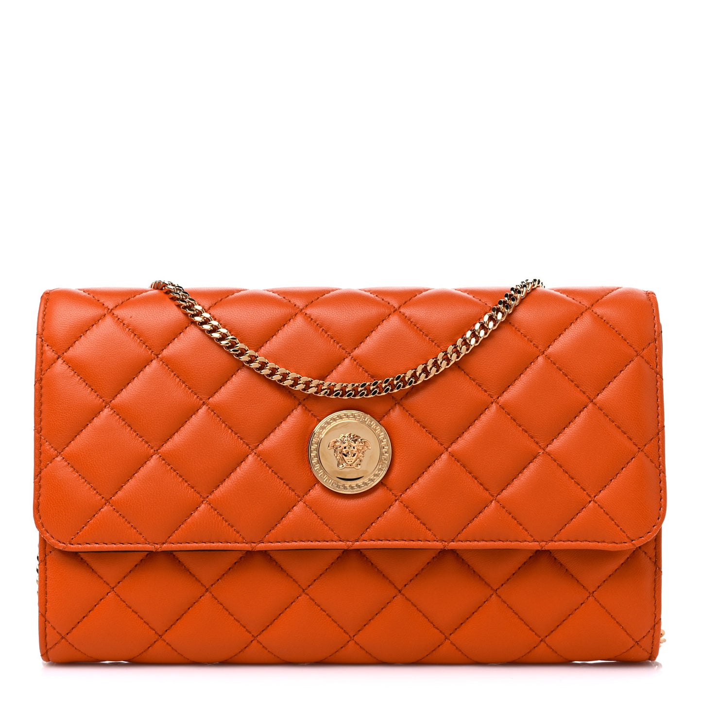 Lambskin Quilted Medusa Wallet On Chain Crossbody Dark Orange