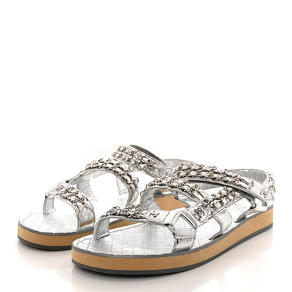 Chanel Metallic Laminated Goatskin Chain Flat Sandals 39.5 Silver 3 of 7