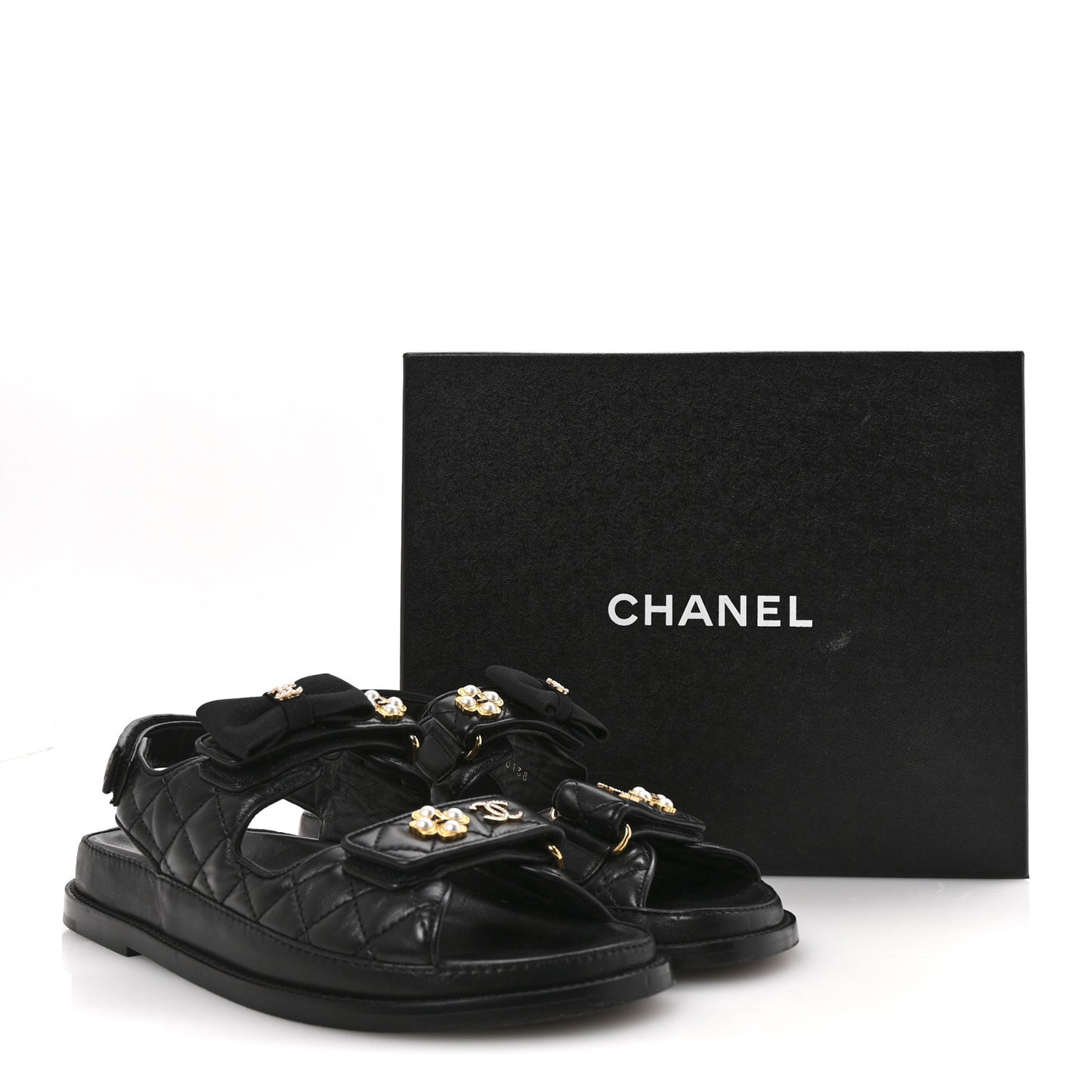 Lambskin Velcro CC Pearl Bow Dad Sandals 38 Black