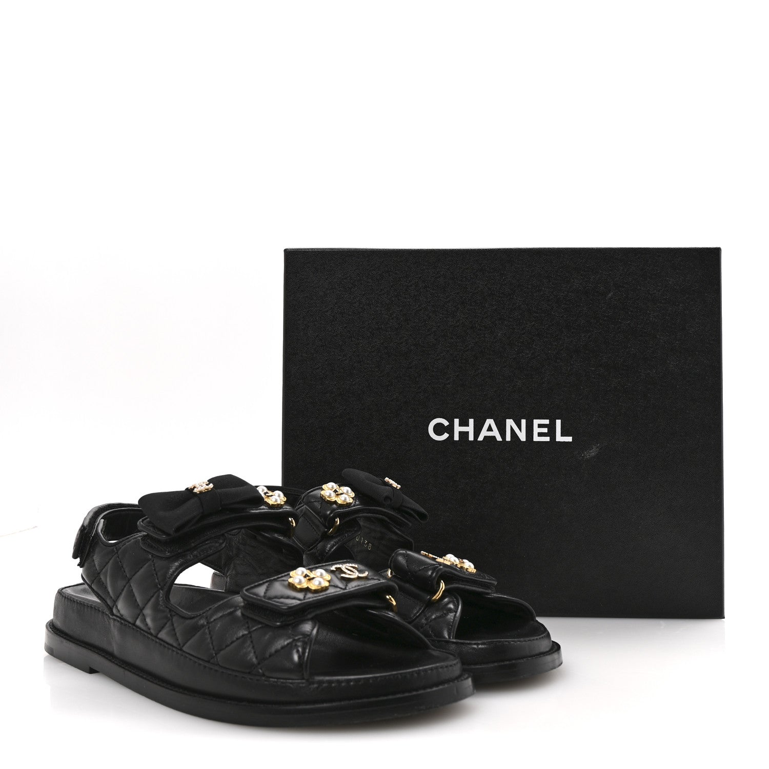 Chanel Lambskin Velcro CC Pearl Bow Dad Sandals 38 Black 10 of 10