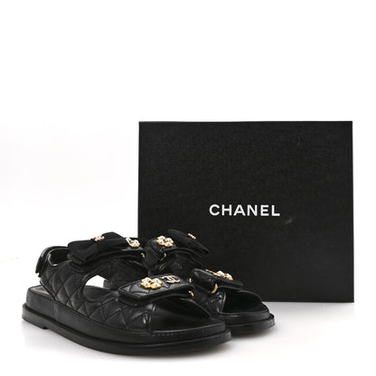 Chanel Lambskin Velcro CC Pearl Bow Dad Sandals 38 Black 10 of 10