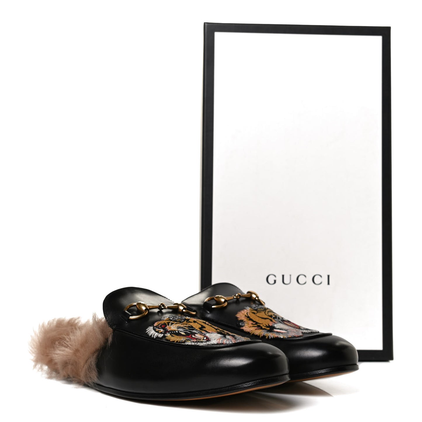 Calfskin Fur Tiger Embroidered Mens Princetown Slippers 9.5 Black