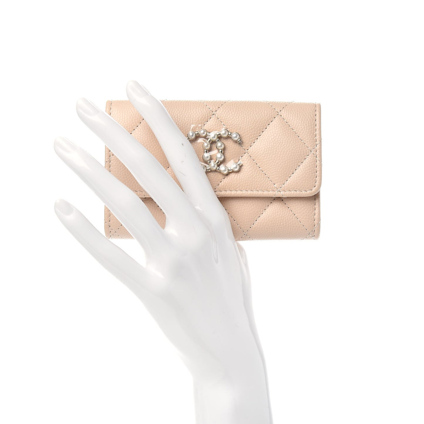 Caviar Pearl Quilted Coco Candy Flap Card Holder Beige