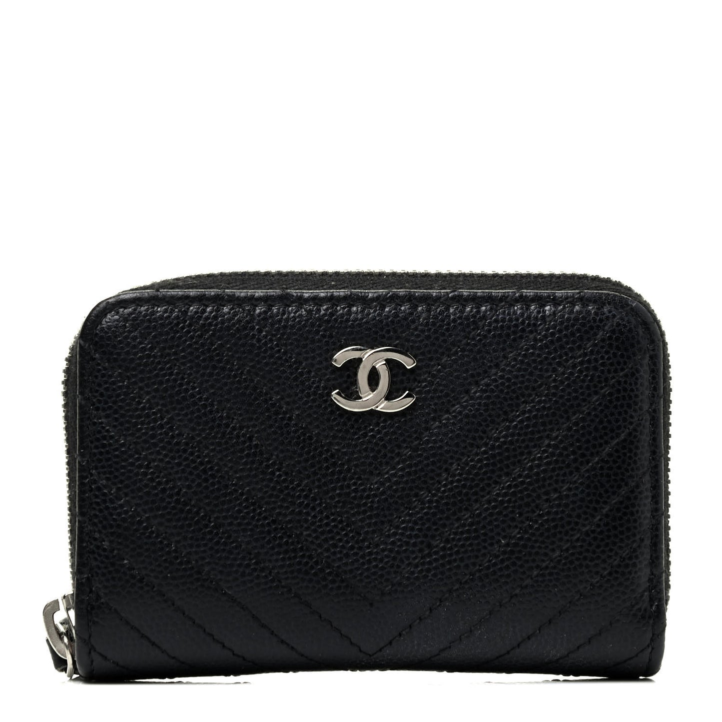 Caviar Chevron Quilted Zip Around Coin Purse Black