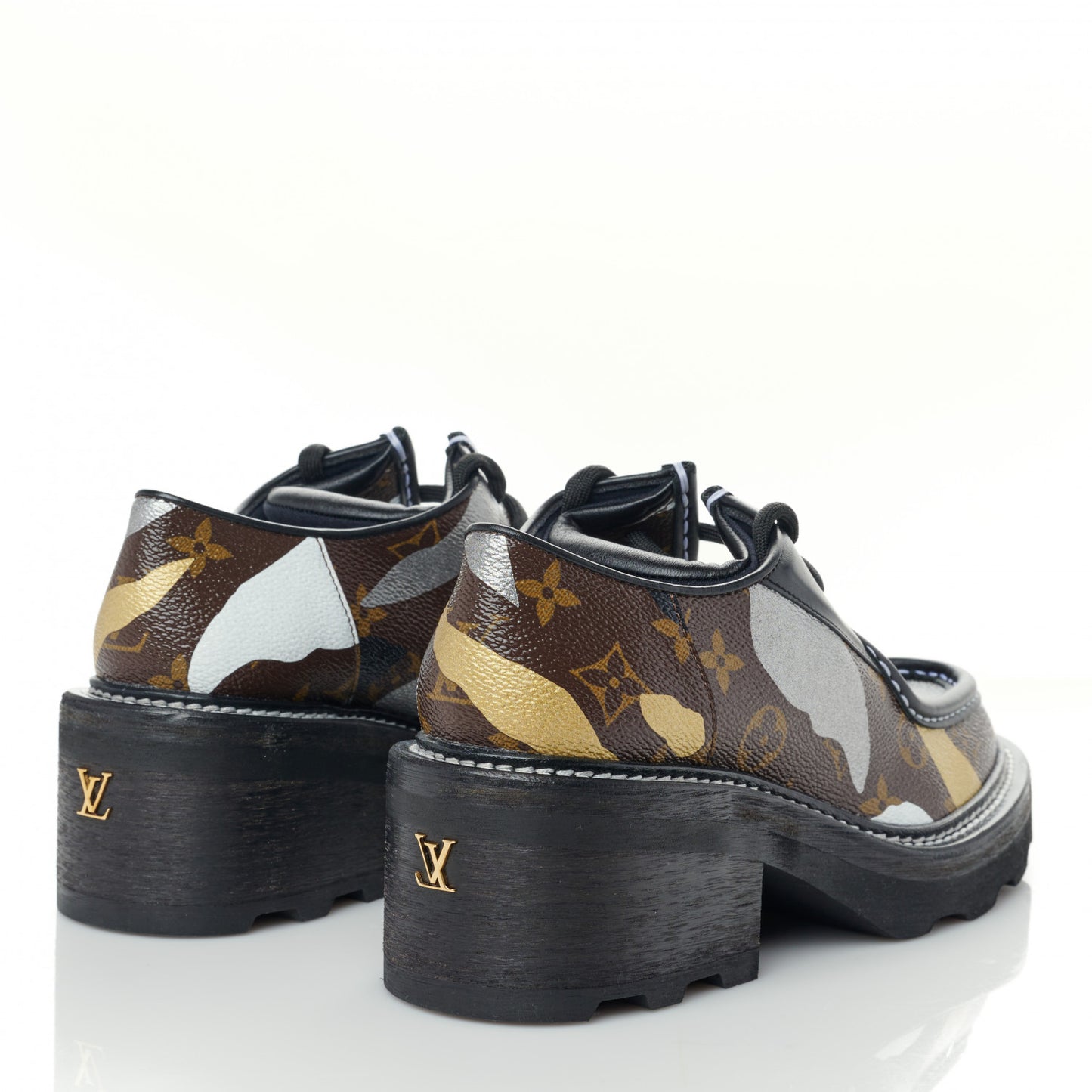 X LOL Monogram Calfskin Beaubourg Platform Derby Shoes 39.5 Gold Silver