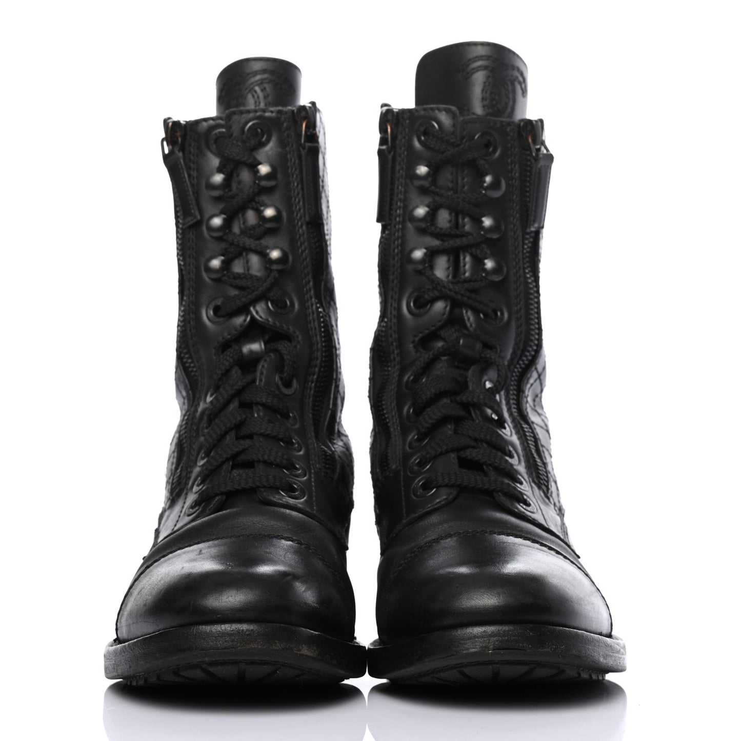 Calfskin Quilted Lace Up Combat Boots 40 Black