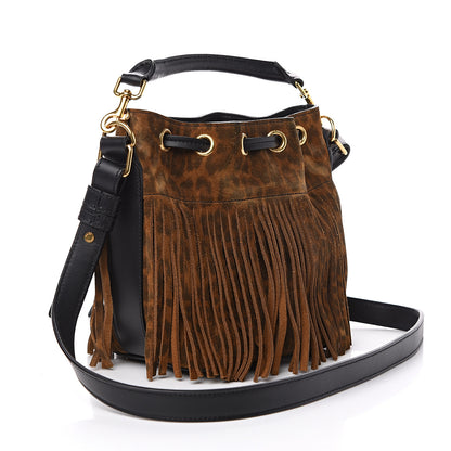 Saint Laurent Suede Leopard Small Emmanuelle Fringe Bucket Bag Tan Black 2 of 10